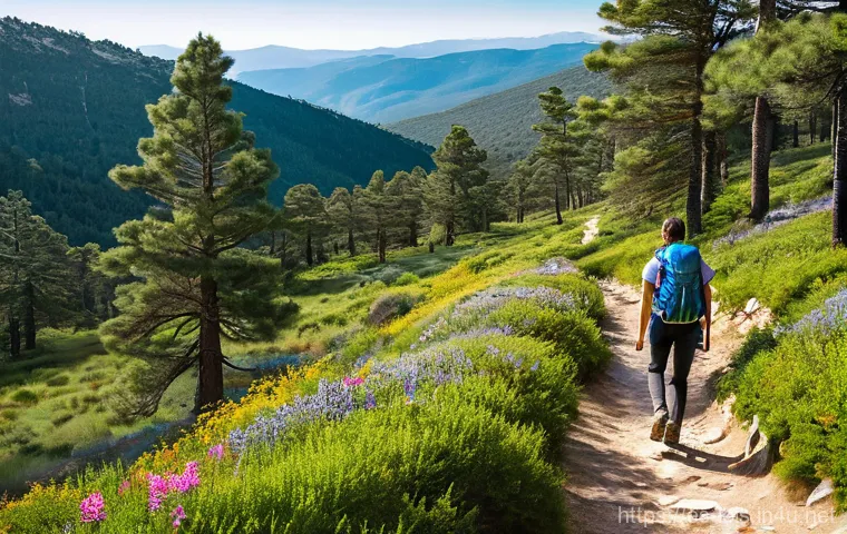 하이킹과 트레킹의 차이 - **Prompt 1: Serene Morning Hike in Guadarrama**
"A young adult, approximately 25-30 years old, w...