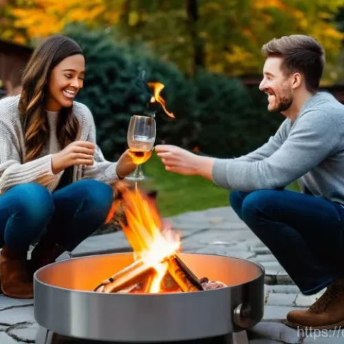 Home 20 휴대용 캠핑 화로대 추천 - **Cozy Evening Gathering with Portable Gas Fire Pit:** A diverse group of 3-4 adult friends, dressed...