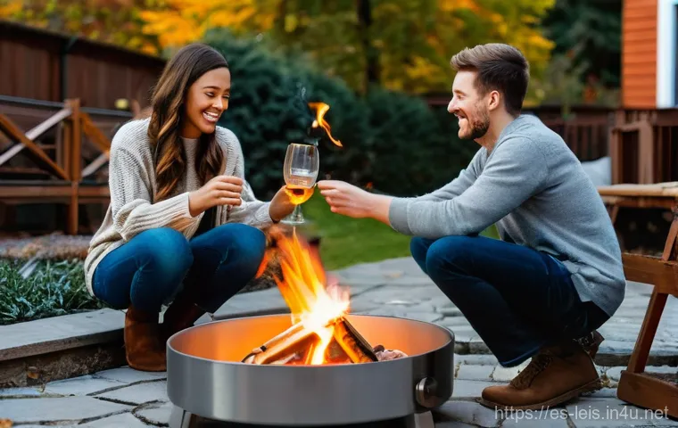 휴대용 캠핑 화로대 추천 - **Cozy Evening Gathering with Portable Gas Fire Pit:** A diverse group of 3-4 adult friends, dressed...