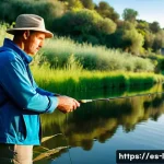 낚시 초보자를 위한 가이드 - A beginner angler fishing peacefully at dawn on a calm riverbank in a lush, green Spanish countrysid...
