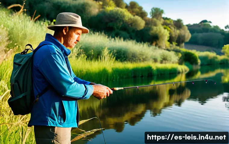 낚시 초보자를 위한 가이드 - A beginner angler fishing peacefully at dawn on a calm riverbank in a lush, green Spanish countrysid...