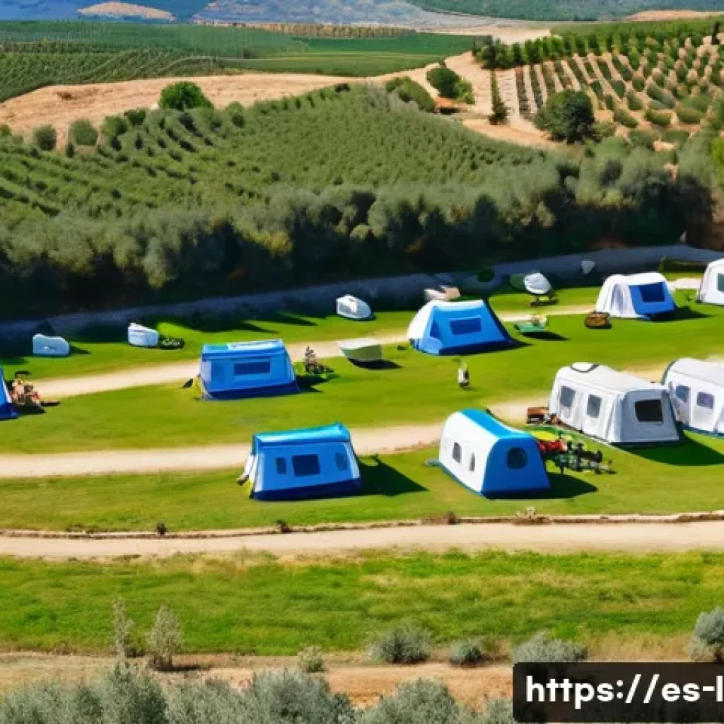캠핑장 예약 팁 - A family-friendly camping scene in a sunny Spanish countryside setting, showing spacious camping plo...