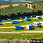 캠핑장 예약 팁 - A family-friendly camping scene in a sunny Spanish countryside setting, showing spacious camping plo...