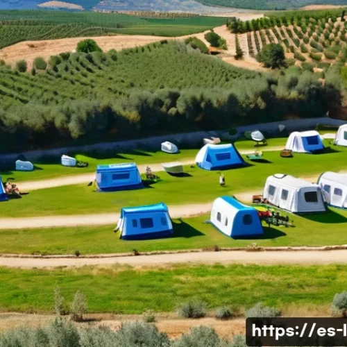 캠핑장 예약 팁 - A family-friendly camping scene in a sunny Spanish countryside setting, showing spacious camping plo...