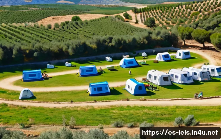 캠핑장 예약 팁 - A family-friendly camping scene in a sunny Spanish countryside setting, showing spacious camping plo...