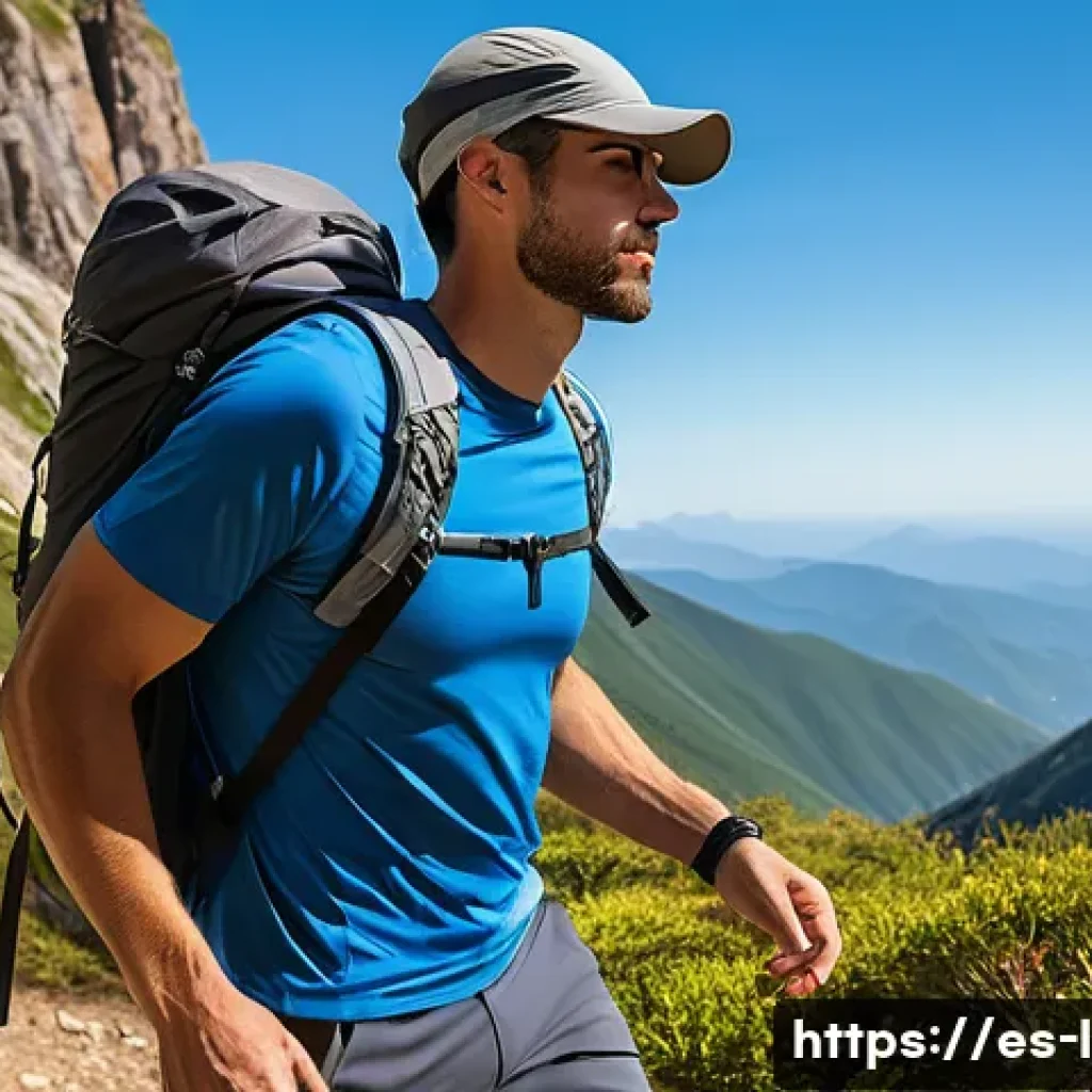 하이킹을 위한 의류 선택 - A male hiker wearing lightweight, breathable synthetic hiking clothes made of polyester and nylon, f...