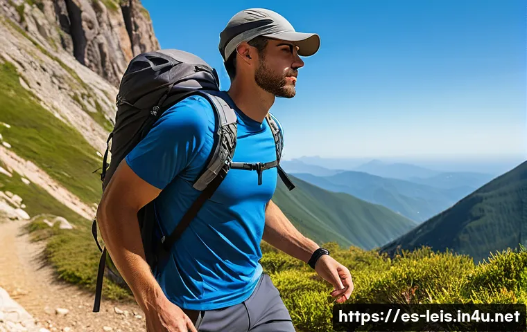 하이킹을 위한 의류 선택 - A male hiker wearing lightweight, breathable synthetic hiking clothes made of polyester and nylon, f...