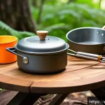 캠핑요리 필수 도구 - A compact camping cookware set neatly arranged on a rustic wooden picnic table in a lush forest sett...