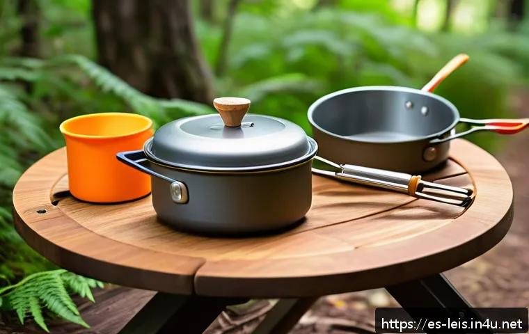 캠핑요리 필수 도구 - A compact camping cookware set neatly arranged on a rustic wooden picnic table in a lush forest sett...