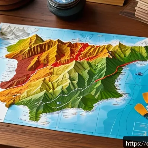 아웃도어 지도 읽는 법 - A detailed hiking map spread out on a wooden table, featuring colorful topographic lines in brown in...