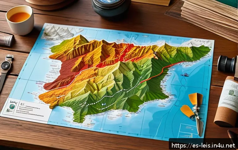 아웃도어 지도 읽는 법 - A detailed hiking map spread out on a wooden table, featuring colorful topographic lines in brown in...