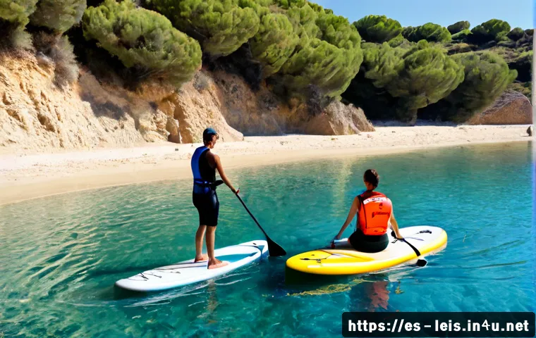 Home 17 패들보드 초보자를 위한 팁 - Photorealistic beginner stand-up paddleboarding lesson on a calm Mediterranean bay in Spain, adult w...