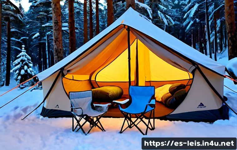 Home 17 겨울 캠핑 난방 기구 - Photorealistic winter camping scene in a snow-covered pine forest in the Spanish Pyrenees, spacious ...