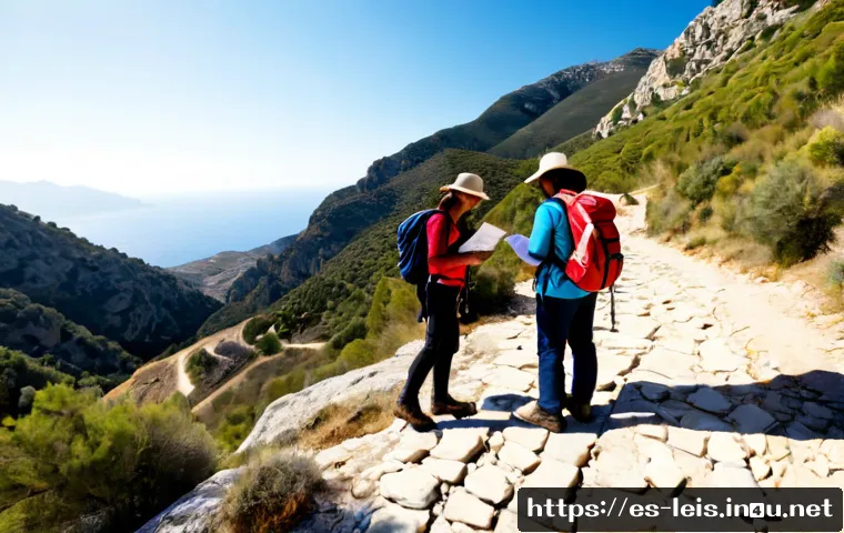 Home 30 레저 활동 안전 수칙 - Photorealistic outdoor hiking safety scene in a sunlit Spanish national park, diverse adult friends ...