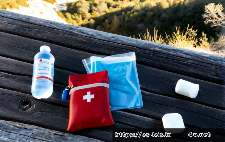 Home 17 하이킹 필수 의약품 - Photorealistic overhead view of essential hiking medical supplies neatly arranged on a weathered woo...